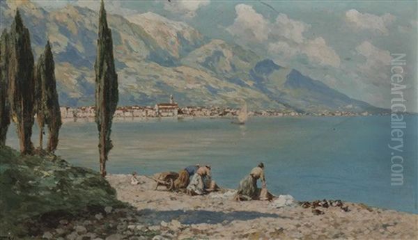 Gardasee - Wascherinnen Am Golf Von Salo Oil Painting by Ferdinando Silvani