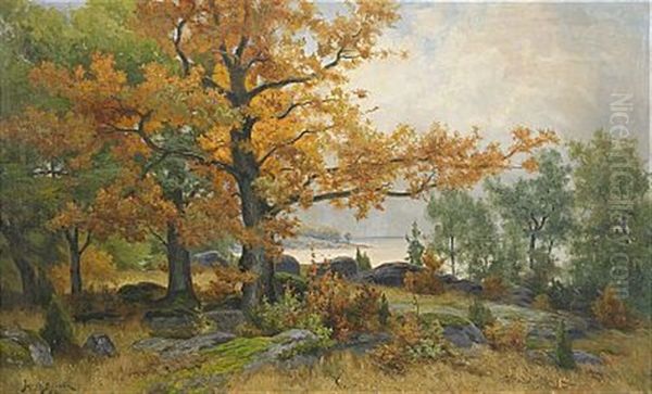 Landskap Med Sjo Och Trad I Hostfarger Oil Painting by Jacob Silven