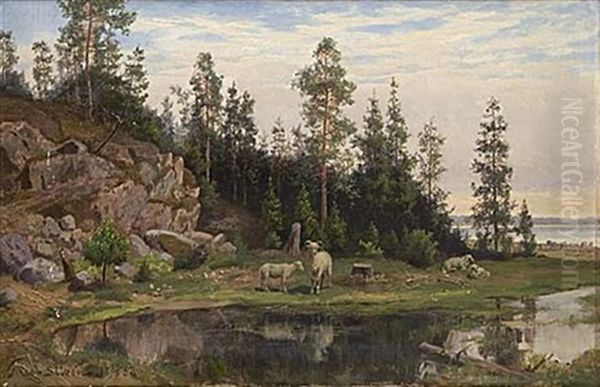 Sommarlandskap Med Betande Far Oil Painting by Jacob Silven