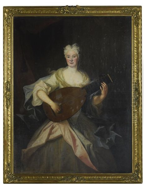 Portrait Of A Lady, Believed To Be Anna Constanze, Countess Of Cosel (1680 - 1765), Three-quarter Length, Dressed In Green And Pink Silks And Playing A Lute Oil Painting by Louis de Silvestre