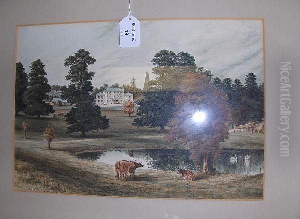 Cattle By A Pool In Parkland Before A House, 1856 Oil Painting by Edward, Rev. Bradley