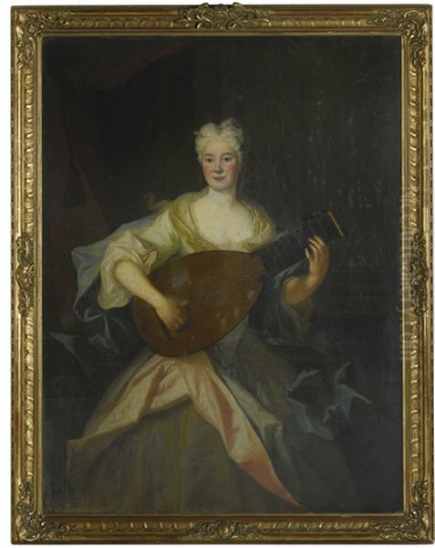 Portrait Of Anna Constanze, Countess Of Cosel (1680 - 1765), Three-quarter Length, Dressed In Green And Pink Silks Playing A Lute Oil Painting by Louis de Silvestre