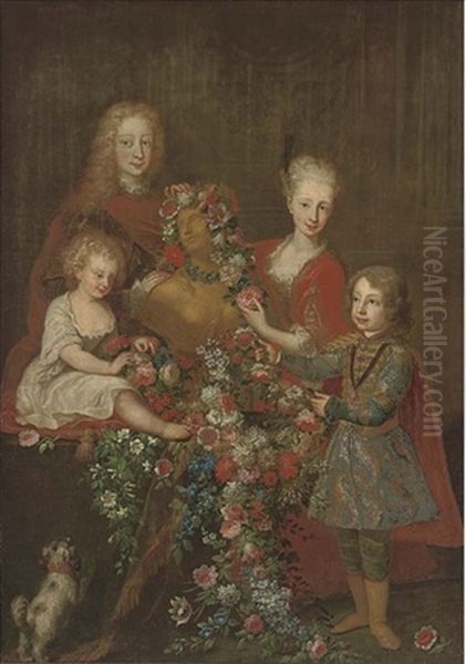 Group Portrait Of A Family With A Statue Garlanded In Flowers Oil Painting by Louis de Silvestre