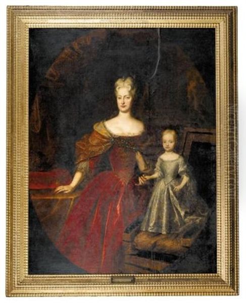 Portrait Of A Duchess And Her Child (elisabeth Christine Of Brunswick-wolfenbuttel, Later Wife Of The Emperor Karl Vi/?) Oil Painting by Louis de Silvestre