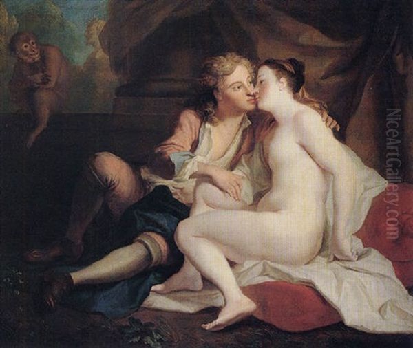 The Sense Of Touch: A Youth Kissing An Unclad Young Woman Oil Painting by Louis de Silvestre