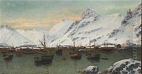 Scene From A Norwegian Fiord With Numerous Sailing Ships Anchored Off The Port Oil Painting by Sigvald Simensen