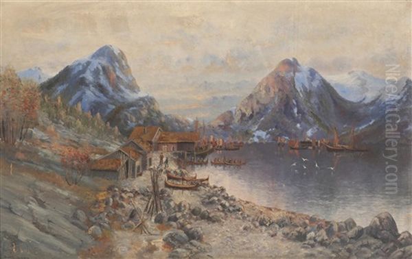 Havn I Lofoten Oil Painting by Sigvald Simensen