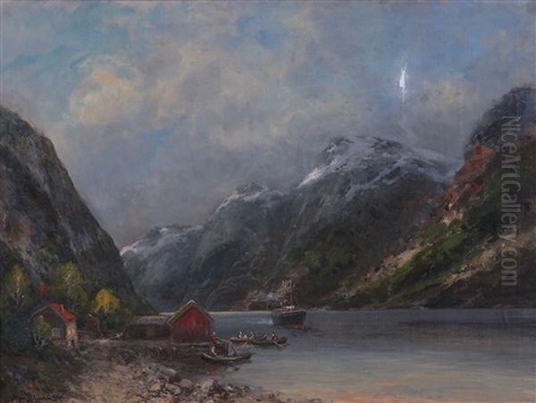 Fjordlandskap Med Bater Oil Painting by Sigvald Simensen