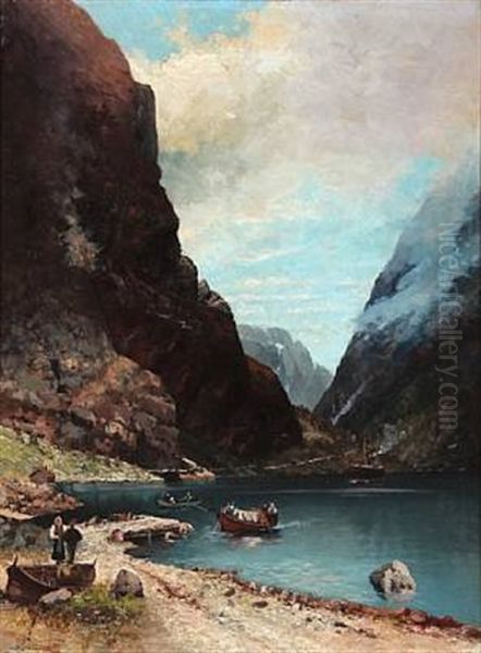 Norwegian Fiord Scene With People Oil Painting by Sigvald Simensen