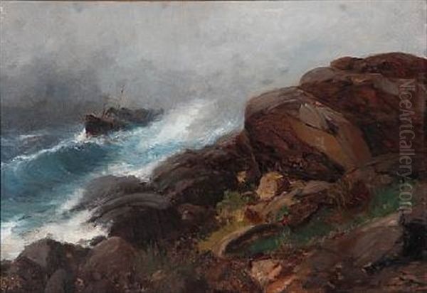 Rocky Coast With A Freight Ship In High Waves Oil Painting by Sigvald Simensen