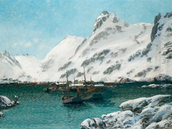 Hafen Im Winter (von Den Lofoten) Oil Painting by Sigvald Simensen