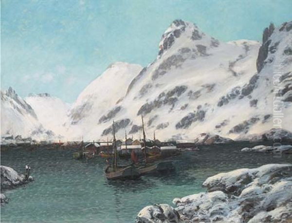 A Norwegian Fishing Village In The Snow Oil Painting by Sigvald Simensen