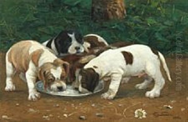 Fem Hundehvalpe Vil Til Fadet Oil Painting by Viggo Simesen