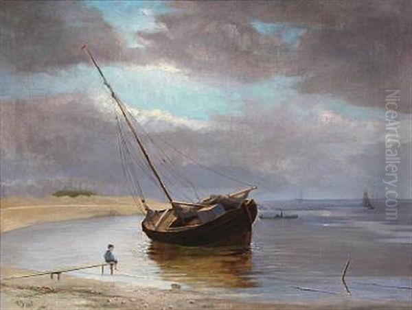 Coastal Scene With A Sailing Boat Oil Painting by Viggo Simesen