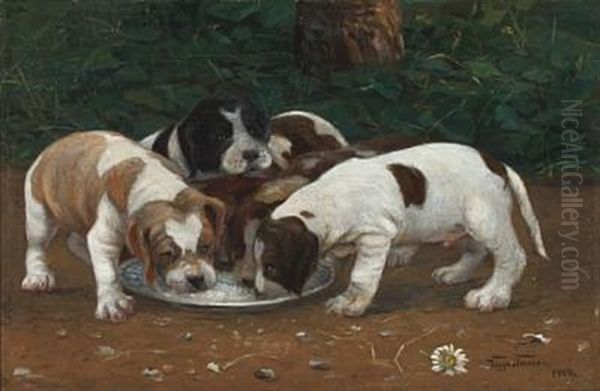 Puppies At The Food Plate Oil Painting by Viggo Simesen