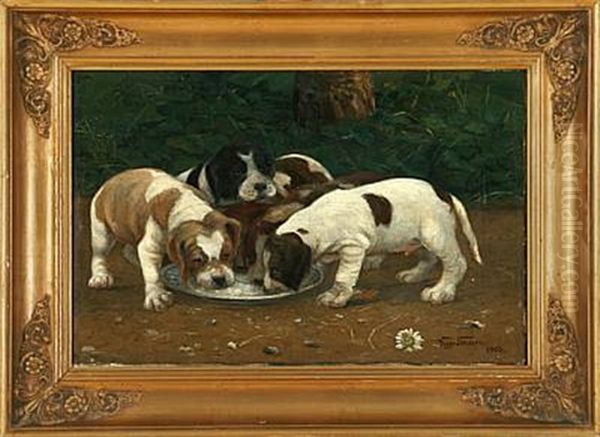 Puppies Drinking Water Oil Painting by Viggo Simesen