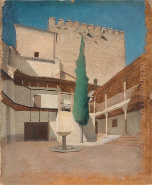 Alhambra, Cortile Con Cipresso Oil Painting by Filadelfo Simi