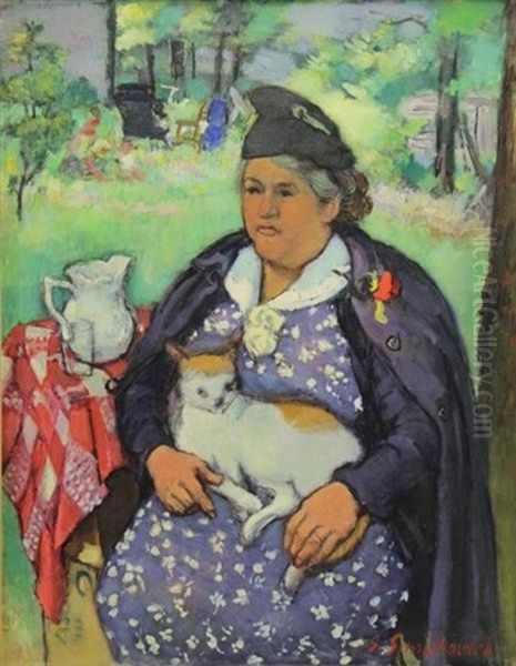 Woman With Cat In Garden by Simkha Simkhovitch