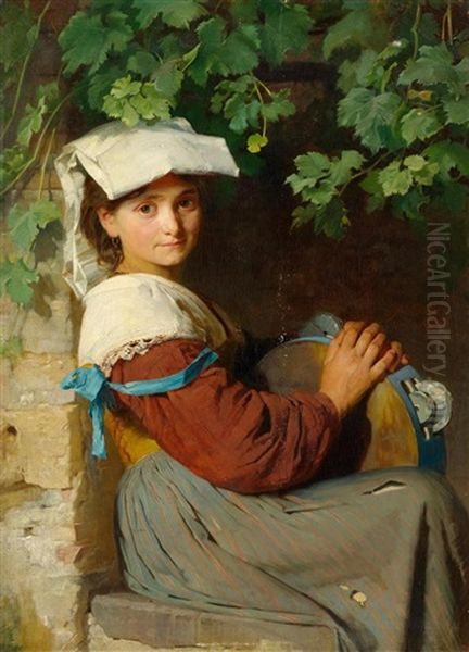 An Italian Woman With A Tambourine At A Window Oil Painting by Franz Xavier Simm