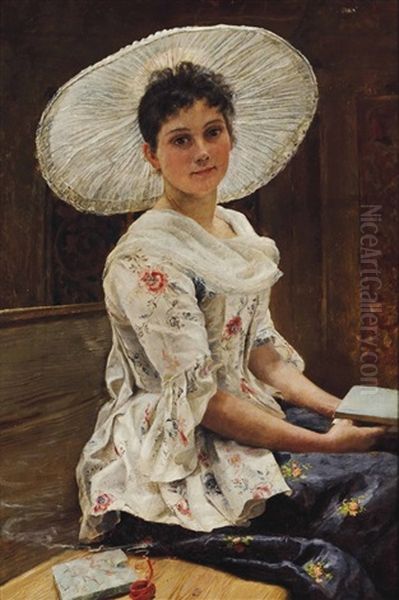 Young Beauty In A White Hat Oil Painting by Franz Xavier Simm