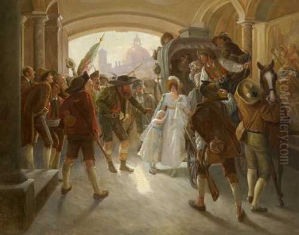 Andreas Hofer Im Kreis Seiner Bundesgenossen Beruhigt Ein Verangstigtes Madchen Und Dessen Mutter, Deren Kutsche In Der Durchfahrt Eines Innsbrucker Palastes Von Den Aufstandischen Aufgehalten Wurde Oil Painting by Franz Xavier Simm