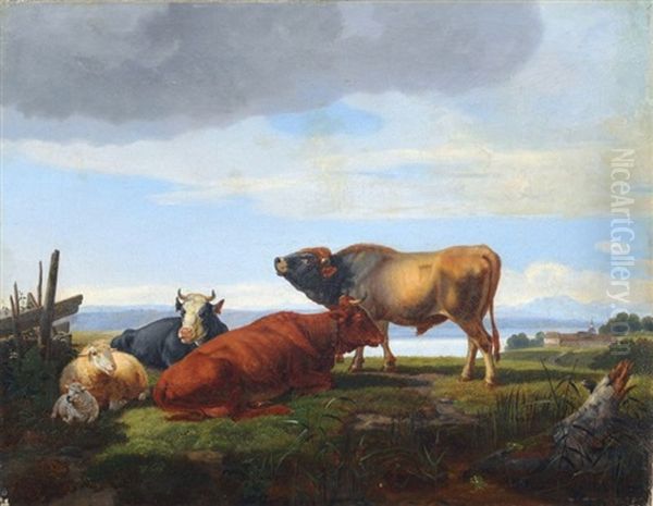 Viehstuck Mit Stier, Zwei Kuhen Und Schafen Oil Painting by Friedrich Karl Joseph Simmler