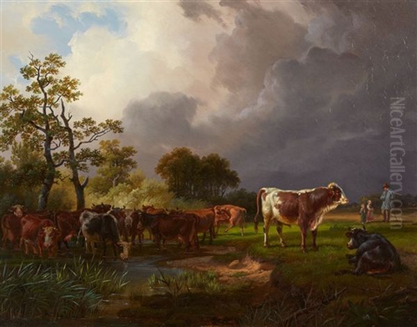 Meadow Landscape With Cattle, Shepherds And A Gathering Storm Oil Painting by Friedrich Karl Joseph Simmler