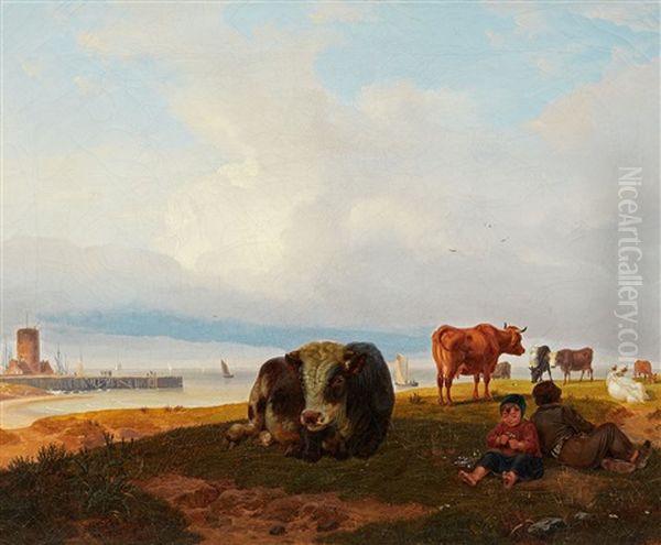 Coastal Landscape With Cattle And Shepherds Oil Painting by Friedrich Karl Joseph Simmler