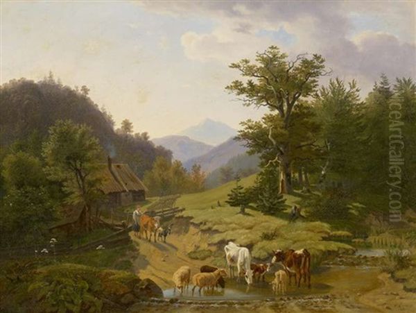 Gebirgslandschaft Mit Weidevieh An Einer Furt Oil Painting by Friedrich Karl Joseph Simmler