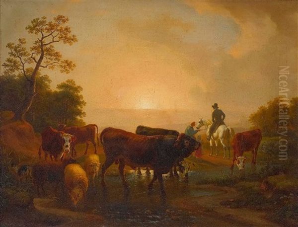 Bauer Mit Kind Und Ein Vornehmer Reiter Und Vieh Im Abendlicht Oil Painting by Friedrich Karl Joseph Simmler