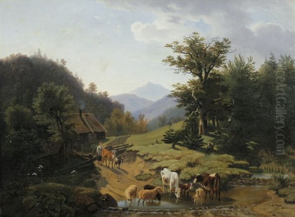 Alpenlandschaft Mit Kuh- Und Schafherde An Einem Teich Oil Painting by Friedrich Karl Joseph Simmler