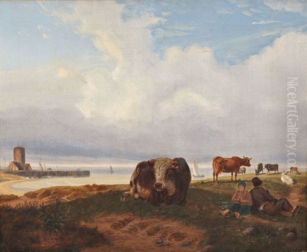 Kuhe An Der Kuste Oil Painting by Friedrich Karl Joseph Simmler