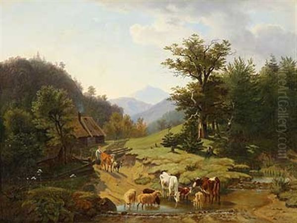 Vieh An Der Tranke In Den Sommerlichen Alpen Oil Painting by Friedrich Karl Joseph Simmler