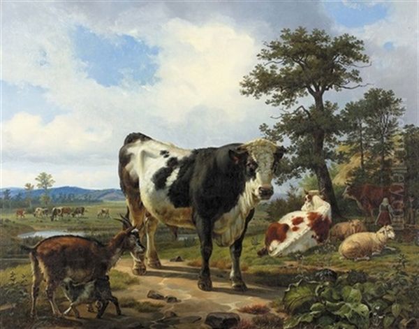 Stier Auf Sommerlicher Weide Oil Painting by Friedrich Karl Joseph Simmler