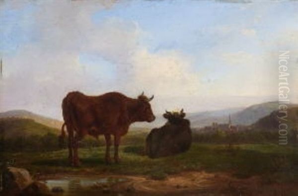 Rinder Am Wasser In Hugeliger Landschaft. Im Hintergrund Ein Dorf Oil Painting by Friedrich Karl Joseph Simmler