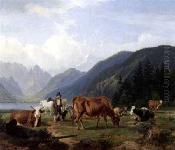 Berglandschaft Mit Kuhen Und Einem Hirten Oil Painting by Friedrich Karl Joseph Simmler