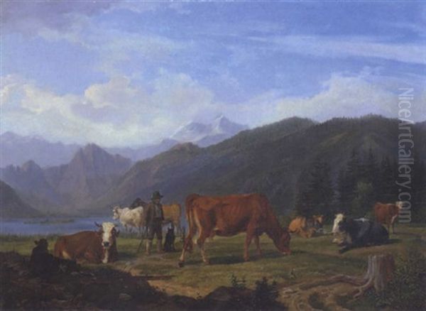 Huterbub Mit Kuhherde Oil Painting by Friedrich Karl Joseph Simmler