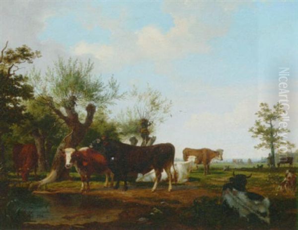 Cattle In Landscape Oil Painting by Friedrich Karl Joseph Simmler