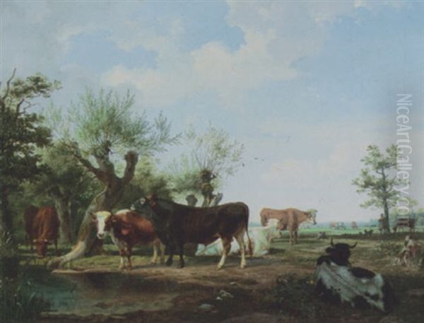 Kuhe Und Stier Auf Der Weide Oil Painting by Friedrich Karl Joseph Simmler