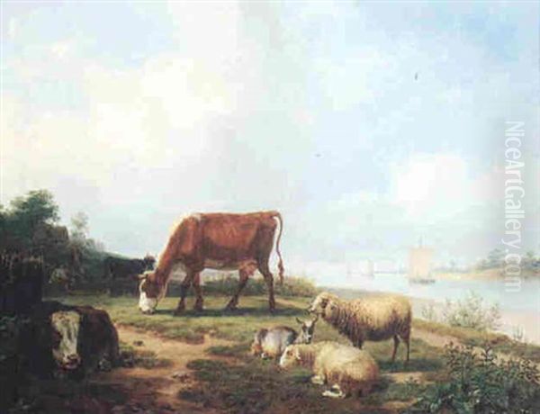 Weidende Tiere Am Flusufer Oil Painting by Friedrich Karl Joseph Simmler