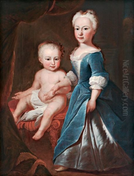 Zwei Geschwister: Anna Magdalena Keller Geb. Und Ihr Schwesterchen Susanna Geb. 1739 (laut Ruckseitiger Beschriftung Auf Der Originalleinwand) Oil Painting by Johannes Simmler