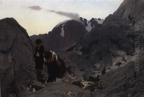 Ein Abgesturtzter Bergsteiger Wird Von Seiner Frau Und Seinem Kleinen Sohn Betrauert Oil Painting by Wilhelm Simmler