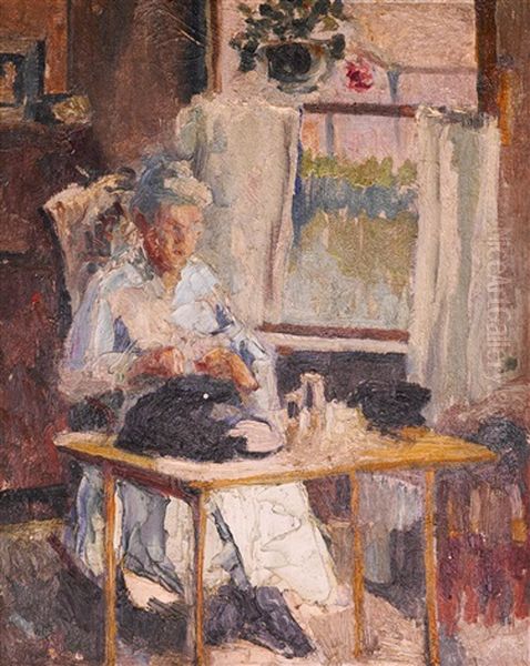 Woman Sewing At A Window Oil Painting by Edward Emerson Simmons