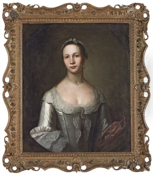 Portrait Of Ann Woodforde In A Grey Dress With Lace And Pearls Oil Painting by John Simmons