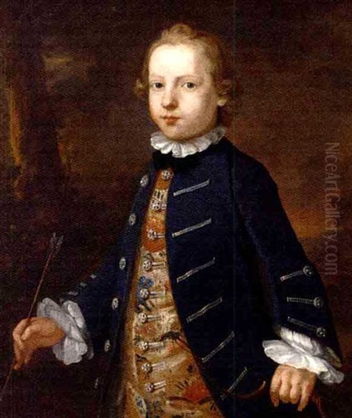 Portrait Of A Boy In A Blue Coat And Floral Waistcoat, Holding A Bow And Arrow, In A Wooded Landscape (master Best?) Oil Painting by John Simmons