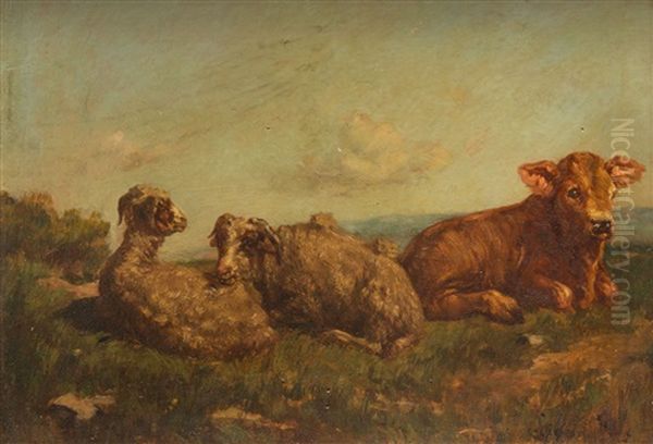 Moutons Et Veau Oil Painting by Francois Simon