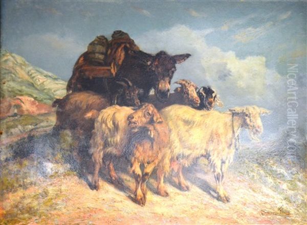 Troupeaux De Chevres Et Ane Oil Painting by Francois Simon