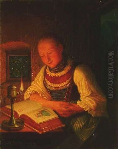 Frau In Tracht, Bei Kerzenschein Ein Buch Lesend by Friedrich Simon