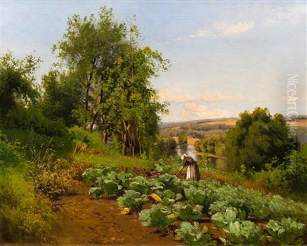 Tending The Garden, 1887 Oil Painting by Herman Gustav Simon