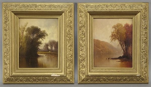 River Landscape (+ Another; Pair) Oil Painting by Herman Gustav Simon